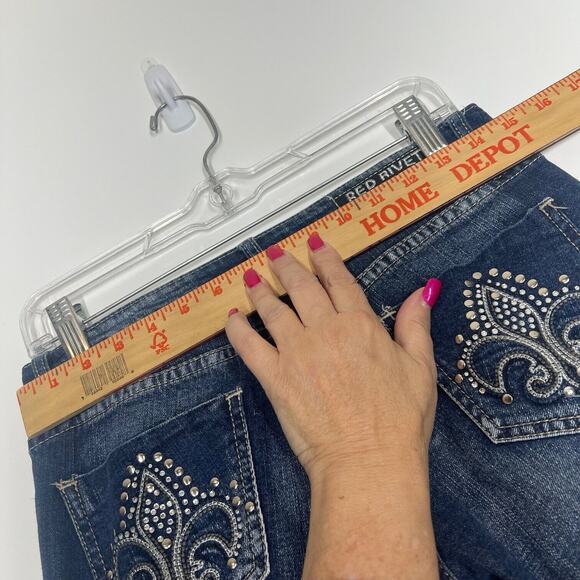 Red Rivet Skinny Jeans Womens 4 Blue Denim Embellished Rhinestones Pocket retro - Picture 6 of 8